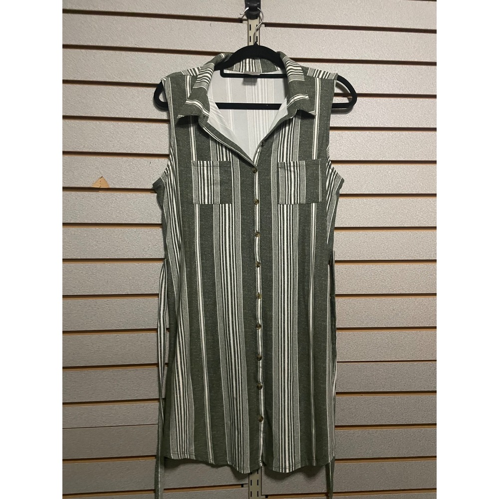 No Boundaries Olive Green White Stripe Sleeveless Collared Shirt Dress Belted  L